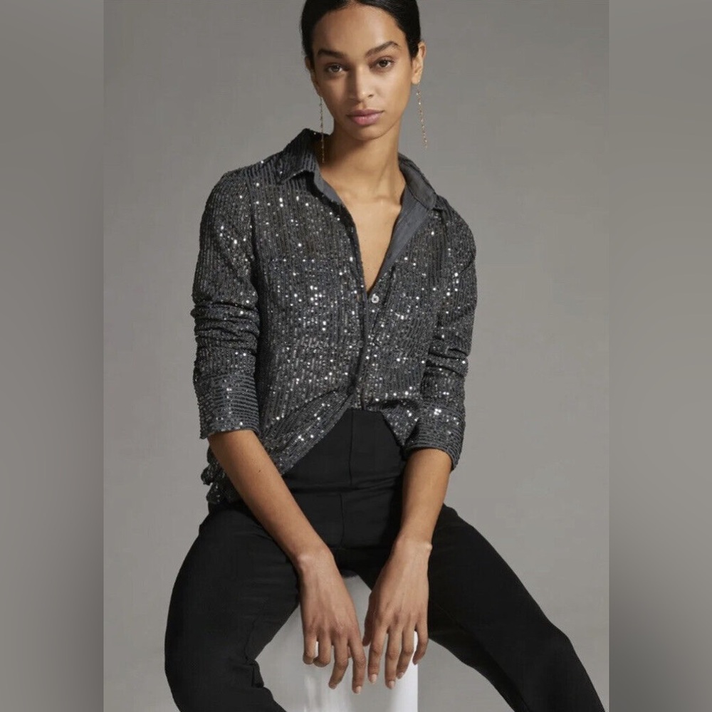 Gray slate sequin button down top from Anthropologie - size x-small. NWT